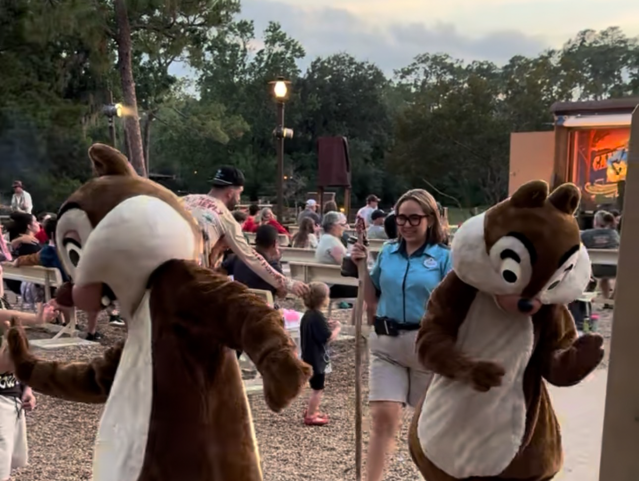 Chip and Dale characters at the campfire sing-along at Fort Wilderness