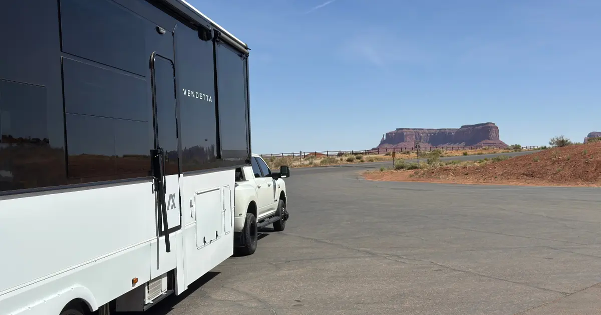 Our Ram 3500 dually hitched to our Axiom Vendetta 4250 toy hauler fifth wheel